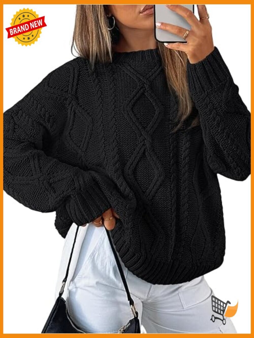 Oversized Cable Knit Crewneck Sweater Pullover